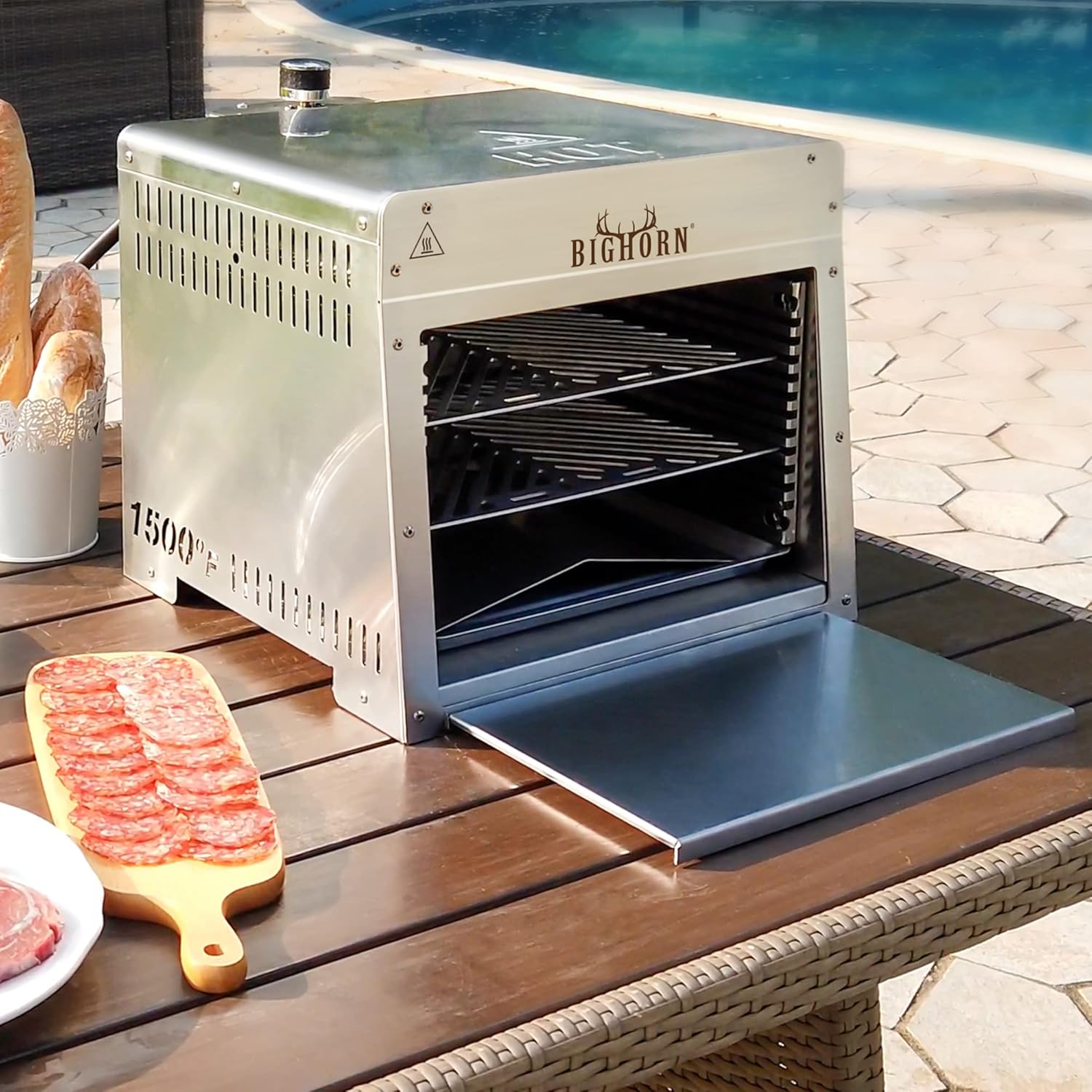 1500℉ Portable Infrared Steak Grill with Pizza Stone, Stainless Steel- 16 Inch